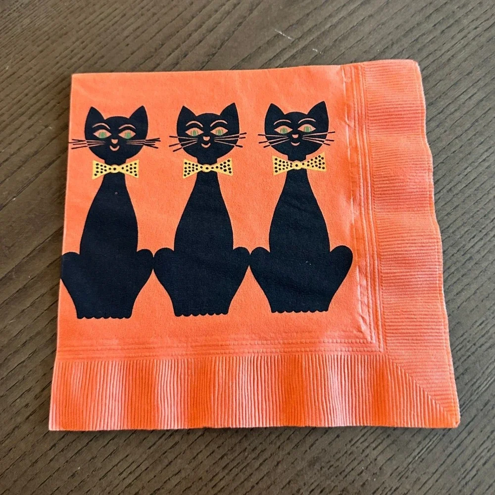 Vintage Halloween Black Cat Paper Napkins Mid Century Modern Retro Orange
